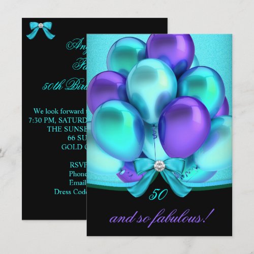 Fabulous 50 Teal Purple Black Balloons Party Custom Invitations