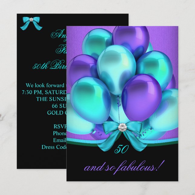 Fabulous 50 Teal Purple Black Birthday Party 2 Invitation (Front/Back)