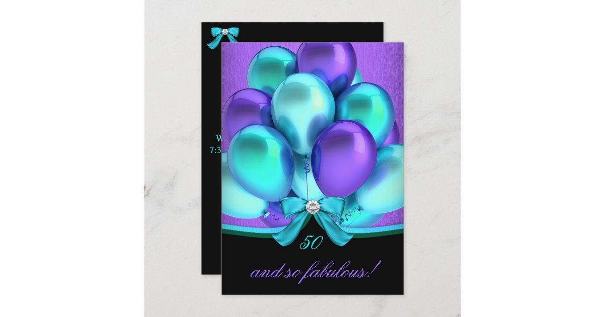 Fabulous 50 Teal Purple Black Birthday Party 2 Invitation | Zazzle