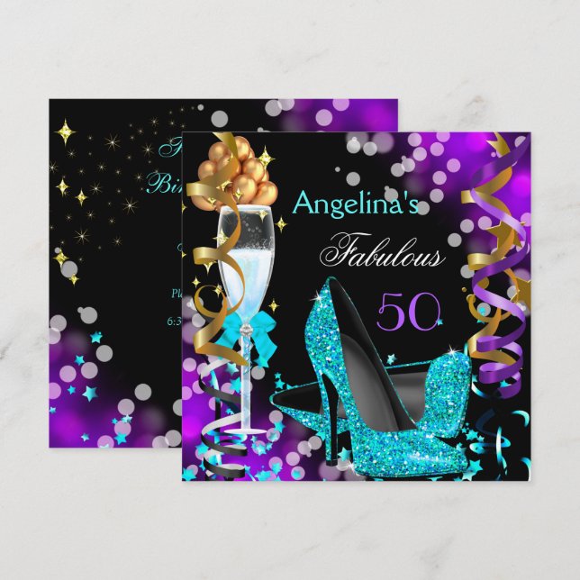 Fabulous 50 Teal Purple Heels Gold Bubbles Party Invitation (Front/Back)