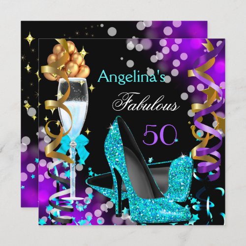 Fabulous 50 Teal Purple Heels Gold Bubbles Party Invitation