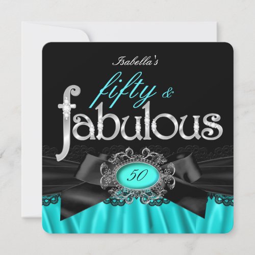 Fabulous 50 Teal Silk Black Lace Birthday Party Invitation
