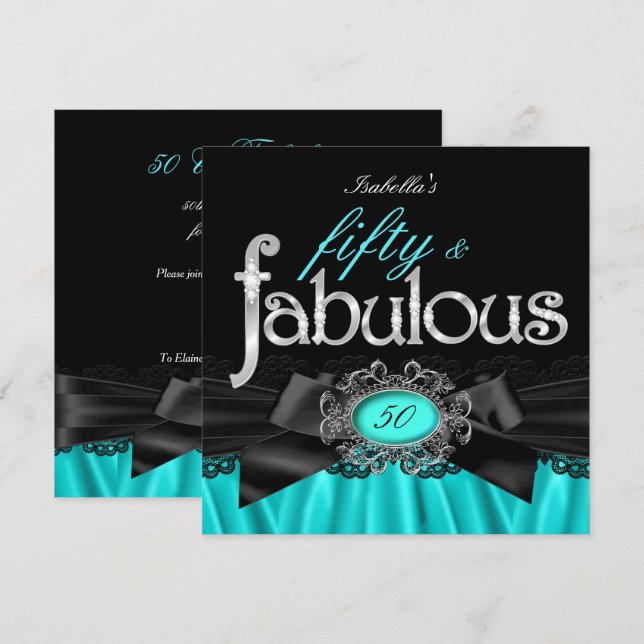 Fabulous 50 Teal Silk Black Lace Birthday Party Invitation (Front/Back)