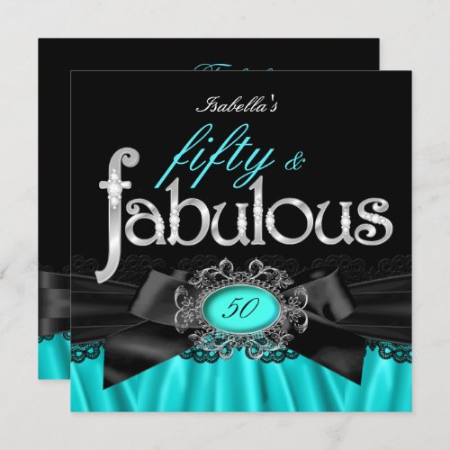 Fabulous 50 Teal Silk Black Lace Birthday Party Invitation