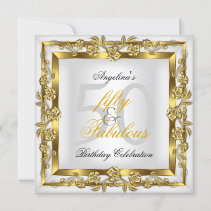 Fabulous 50 White Floral Gold Birthday Party Invitation