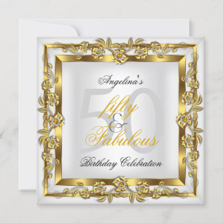 Fabulous 50 White Floral Gold Birthday Party Invitation