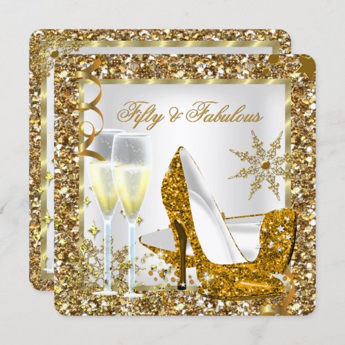 Fabulous 50 White Glitter Gold Birthday Party Invitation
