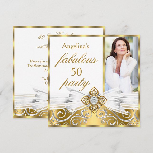 Fabulous 50 White Gold Faux Diamond Photo Birthday Invitation (Front/Back)