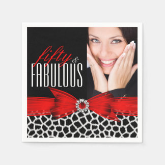 Fabulous 50 Wild Red Black Photo Birthday Party Paper Napkins
