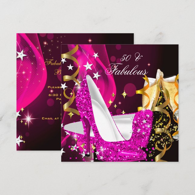 Fabulous 50 Woman's Hot Pink Gold Birthday Party Invitation (Front/Back)
