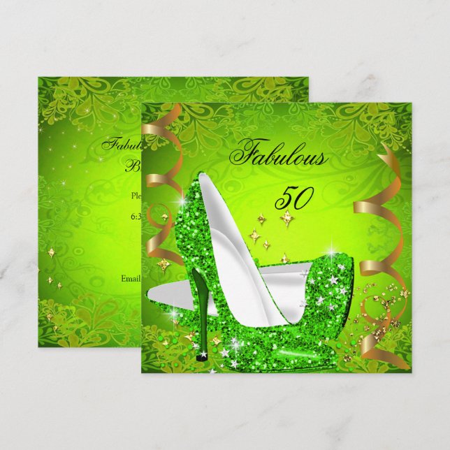 Fabulous 50 Woman's Lime Green Gold Party 2 Invitation (Front/Back)