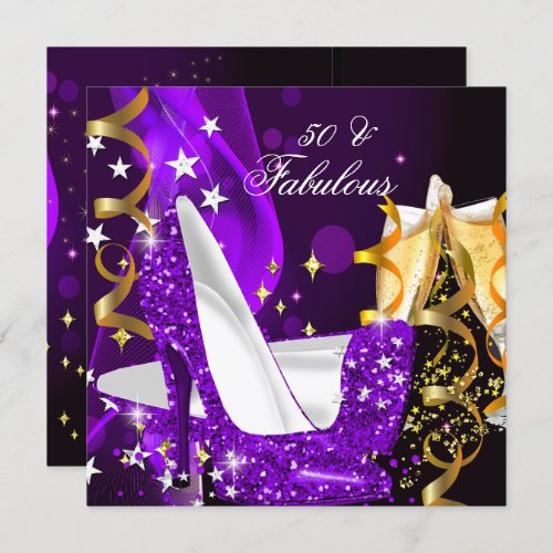 Fabulous 50 Womans Purple Gold Birthday Party Invitation