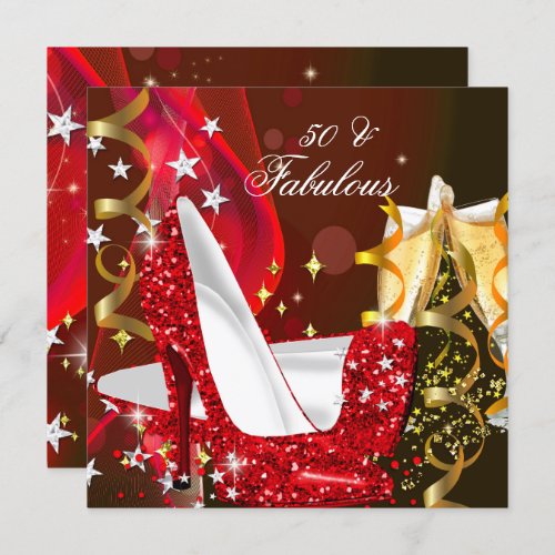 Fabulous 50 Womans Red Gold Birthday Party Invitation