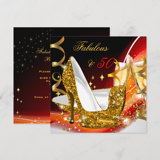 Fabulous 50 Woman's Red Gold Birthday Party Invitation (Front/Back)