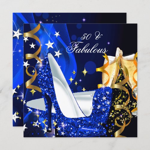 Fabulous 50 Womans Royal Blue Gold Birthday Party Invitation
