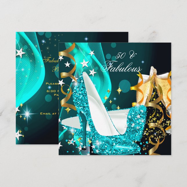 Fabulous 50 Woman's Teal Blue Gold Birthday Party Invitation (Front/Back)
