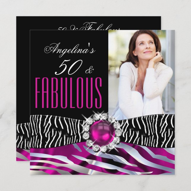 Fabulous 50 Zebra Black Pink Silver Birthday Party Invitation (Front/Back)