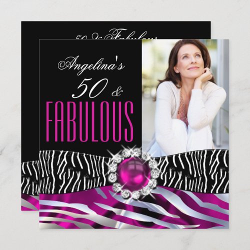 Fabulous 50 Zebra Black Pink Silver Birthday Party Invitation