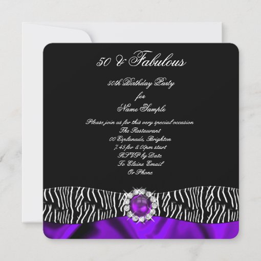 Fabulous 50 Zebra Black Purple Silk Birthday 2 Invitation | Zazzle