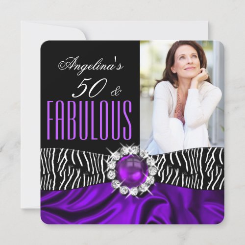 Fabulous 50 Zebra Black Purple Silk Birthday 2 Invitation