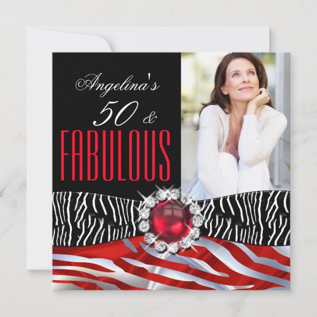 Fabulous 50 Zebra Black Red Silver Birthday Party Invitation (Front)