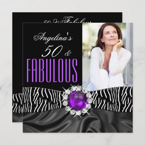 Fabulous 50 Zebra Black Silk Purple Birthday Party Invitation