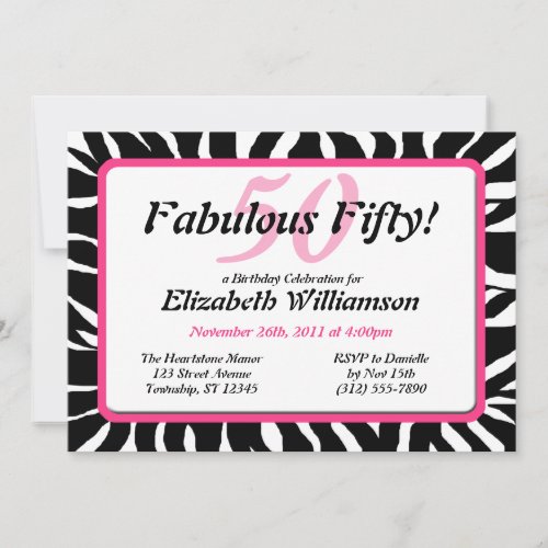 Fabulous 50 Zebra Print &amp; Pink Birthday Invites