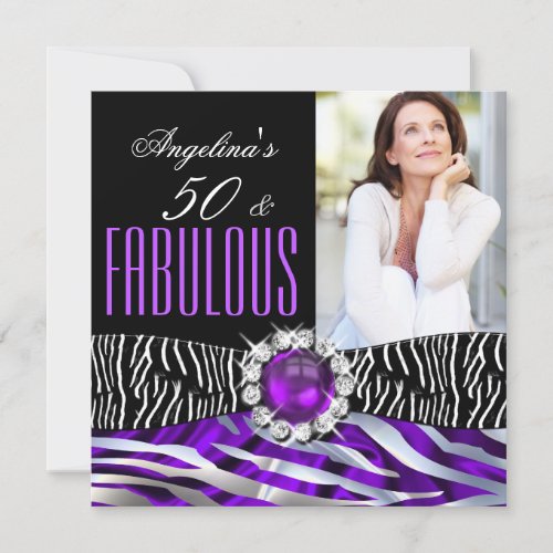 Fabulous 50 Zebra Purple Silk Silver Birthday Invitation