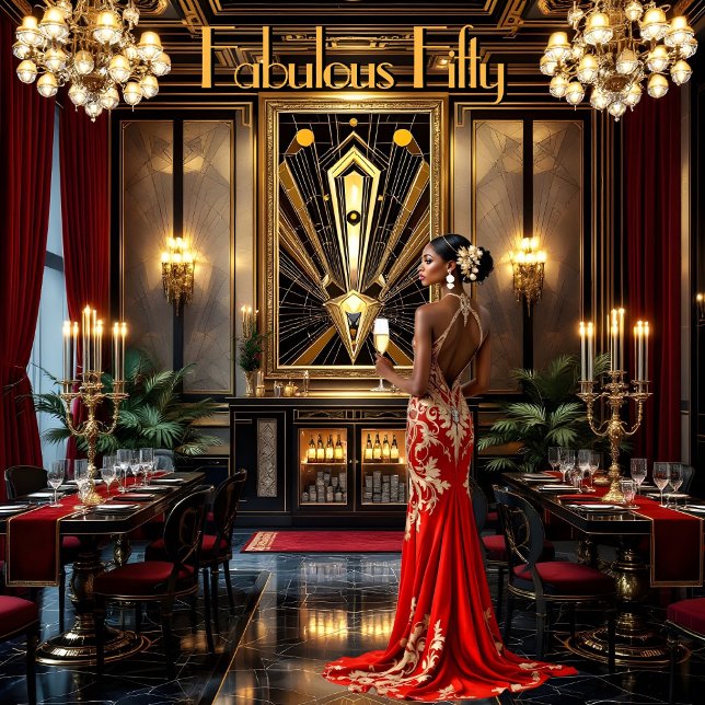 Fabulous 50th Art deco Woman African American Red Invitation (Creator Uploaded)