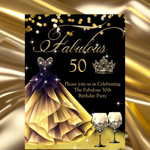 Fabulous 50th Birthday Black Gold Dress crown  Invitation