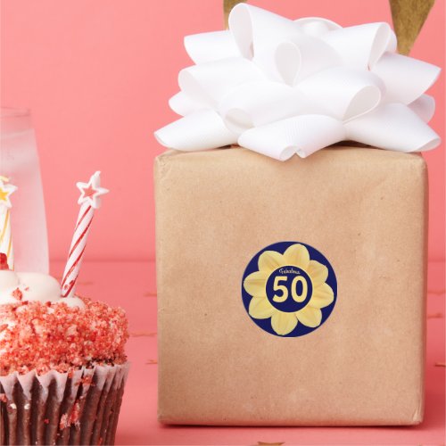 Fabulous 50th Birthday Blue and Yellow Floral Classic Round Sticker