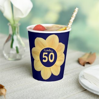 Fabulous 50th Birthday Blue and Yellow Floral Paper Cups
