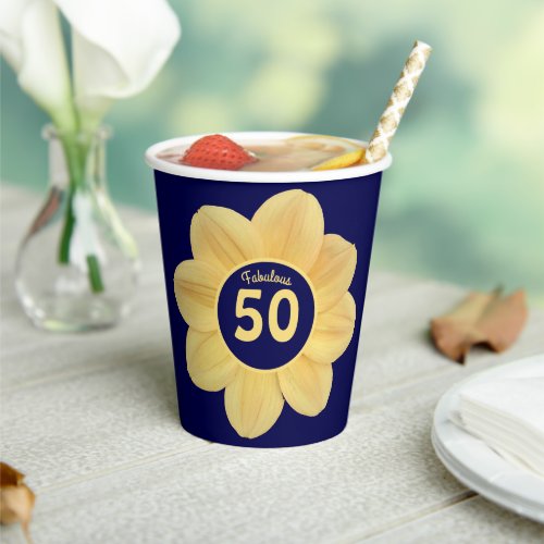 Fabulous 50th Birthday Blue and Yellow Floral Paper Cups