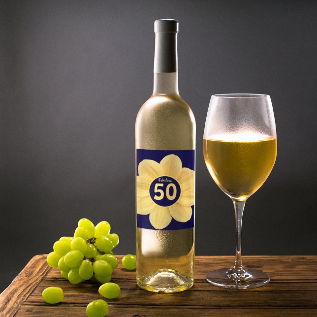 Fabulous 50th Birthday Blue and Yellow Floral Wine Label (In Situ Glass of Wine)