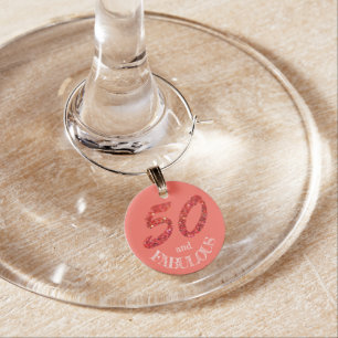 Fabulous 50th Birthday Coral Glitter Sparkle Wine Charm