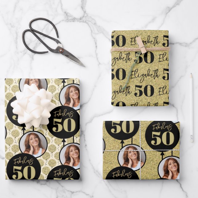 Fabulous 50th Birthday Gold Wrapping Paper Sheets (Front)