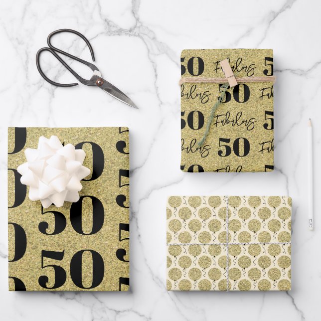 Fabulous 50th Birthday Gold Wrapping Paper Sheets (Front)