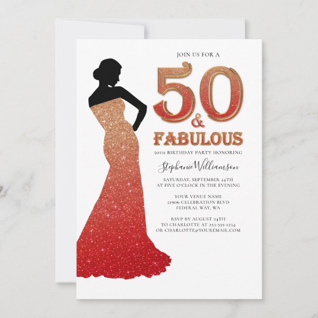 Fabulous 50th Birthday Ombre Glitter Gown Invitati Invitation (Front)