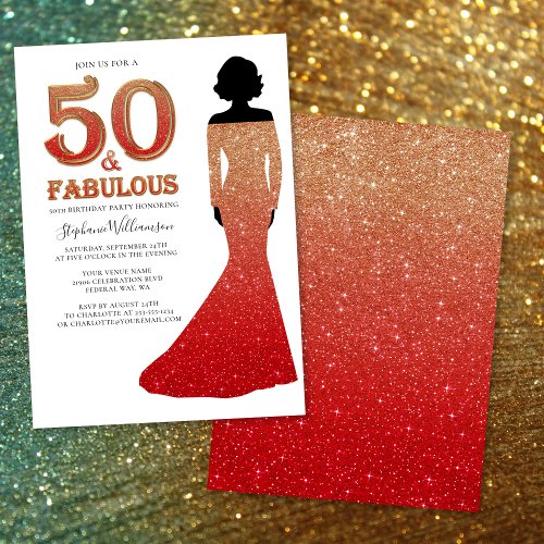 Fabulous 50th Birthday Ombre Glitter Gown Invitation