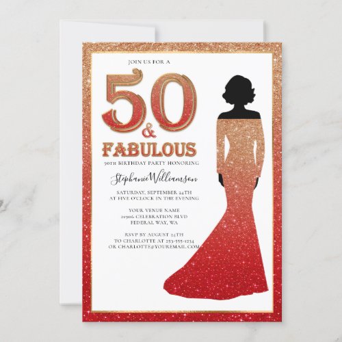 Fabulous 50th Birthday Ombre Glitter Gown Invitation