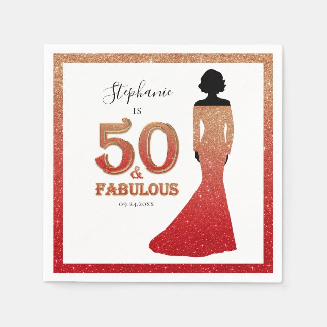 Fabulous 50th Birthday Ombre Glitter Gown Napkins (Front)