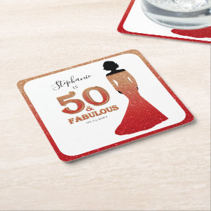 Fabulous 50th Birthday Ombre Glitter Gown Square Paper Coaster
