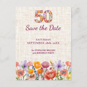Fabulous 50th Birthday Party, Floral Save the Date Announcement Postcard