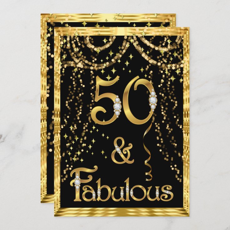 Fabulous 50th Birthday Party Gold Black Confetti Invitation | Zazzle