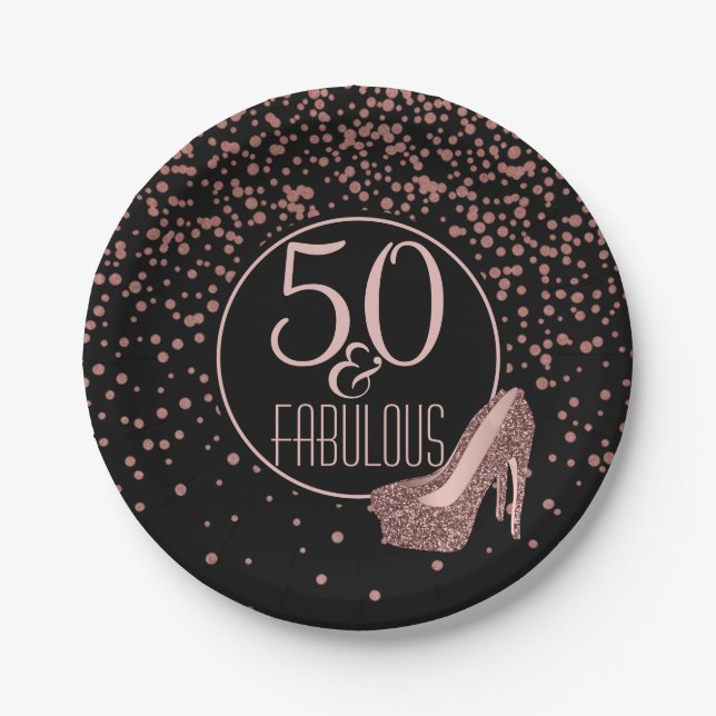 Fabulous 50th Birthday Party | Rose Gold Black Paper Plates (Front)