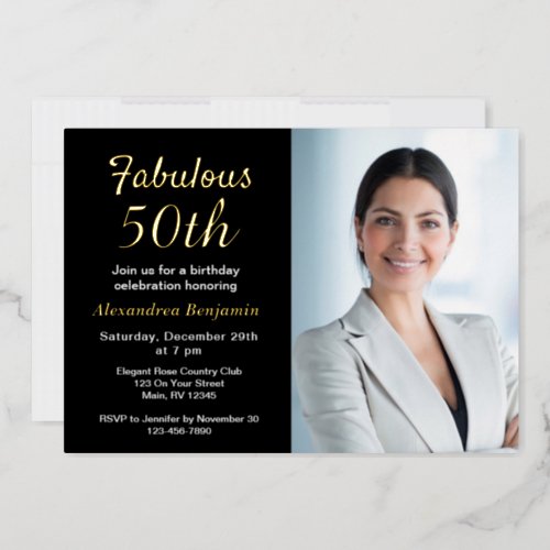 Fabulous 50th Birthday Photo Black Gold Foil Invitation