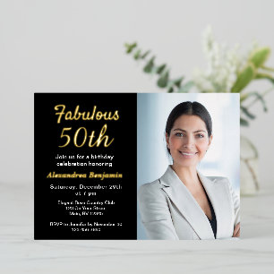 Fabulous 50th Birthday Photo Black Gold Foil Invitation