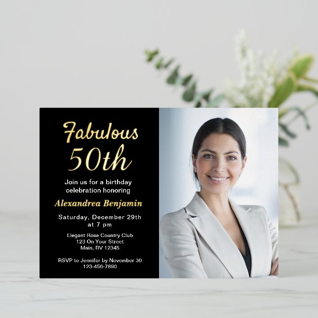 Fabulous 50th Birthday Photo Black Gold Foil Invitation (Standing Front)