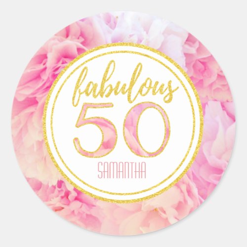 Fabulous 50th Birthday Pink Gold Glitter Classic Round Sticker