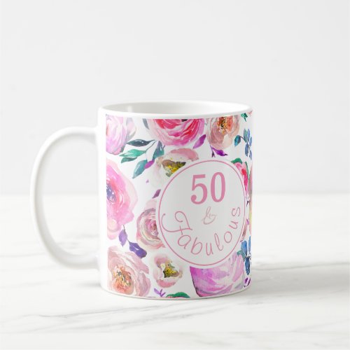 Fabulous 50th Birthday Pink Purple Roses Peonies Coffee Mug